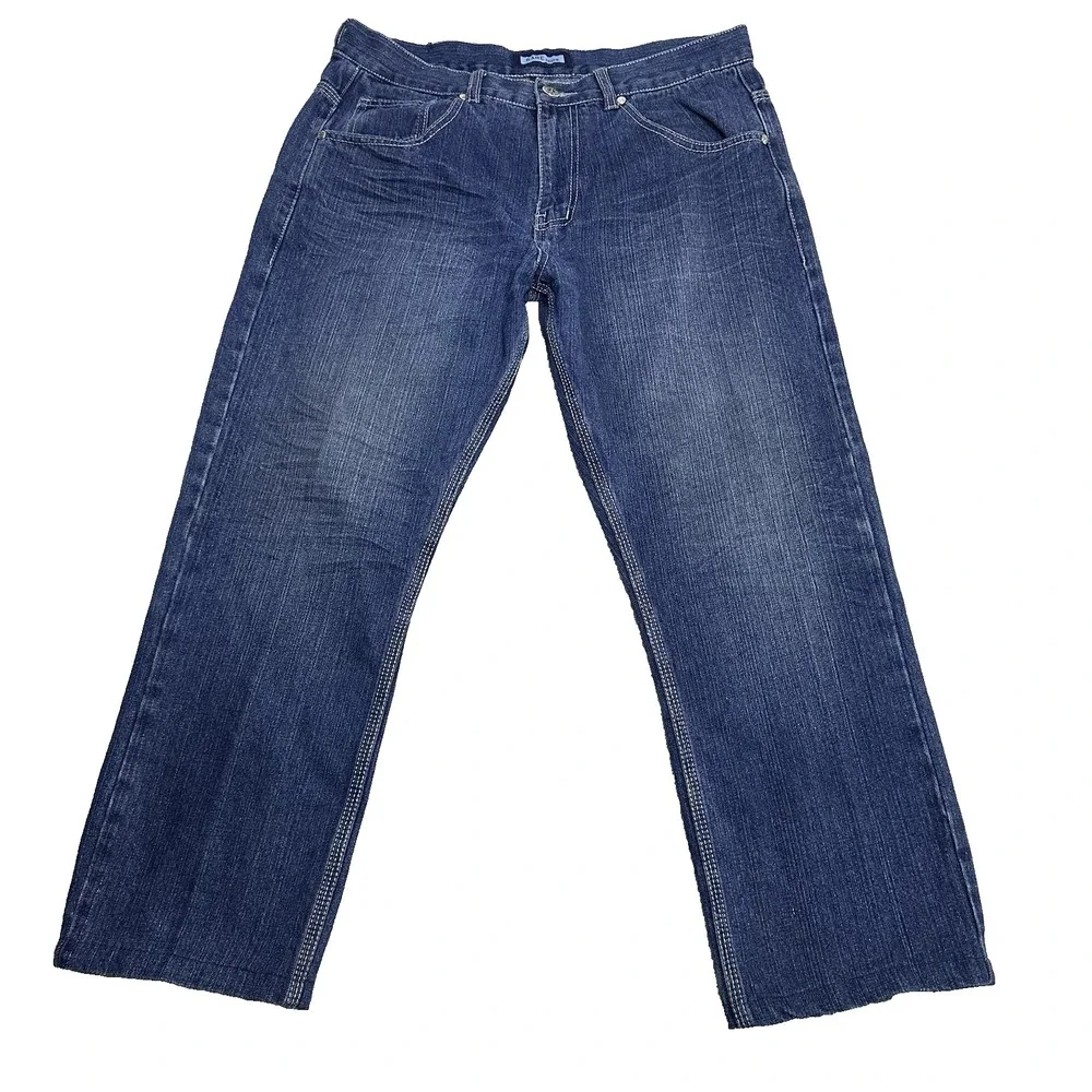 Mens‎ 36x26 Straight Leg Jeans Dark Wash Streetwear Embroidered Crest Cotton